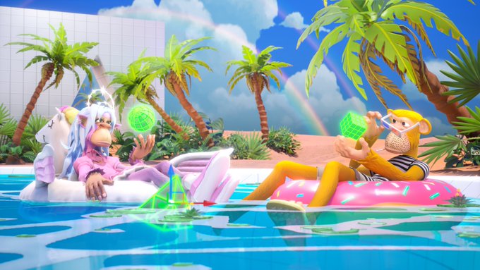 A 3D-rendered scene of two stylized characters lounging on pool floats in a tropical pool, both holding glowing green disco balls, with palm trees and a rainbow in the background.