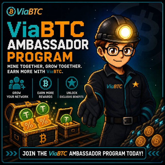 An advertisement for the ViaBTC Ambassador Program features a cartoon miner character and text promoting earning rewards, with icons for 'GROW YOUR NETWORK', 'EARN MORE REWARDS', and 'UNLOCK EXCLUSIVE BENEFITS'.