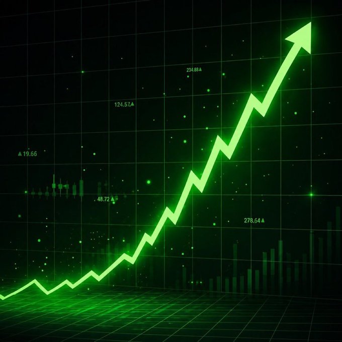 A glowing green upward-trending stock chart with arrow showing positive momentum, displaying values like 19.66, 124.57, 234.88, 48.72, and 278.64 against a dark grid background.