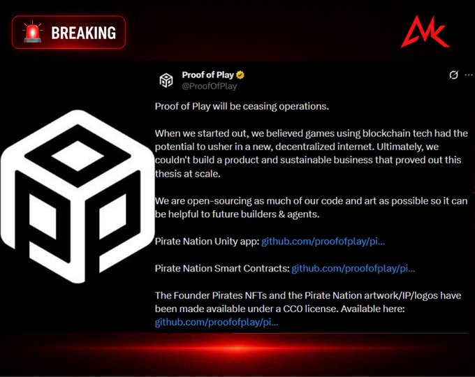 A breaking news announcement showing Proof of Play (@ProofOfPlay) tweeting that they will be ceasing operations and open-sourcing their code including Pirate Nation Unity app and Smart Contracts on GitHub.