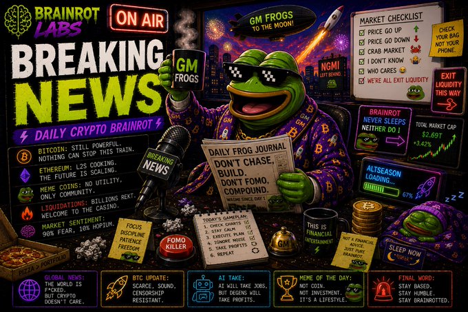 A colorful 'BRAINROT LABS BREAKING NEWS' graphic featuring an anthropomorphic frog character in sunglasses holding a 'GM FROGS' mug and 'Daily Frog Journal,' with various crypto market commentary and meme phrases scattered around.