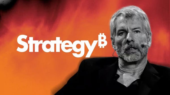 A black-and-white portrait of a gray-bearded man is set against a vivid orange and red fiery background, with the bold white text 'StrategyB' displayed to his left.