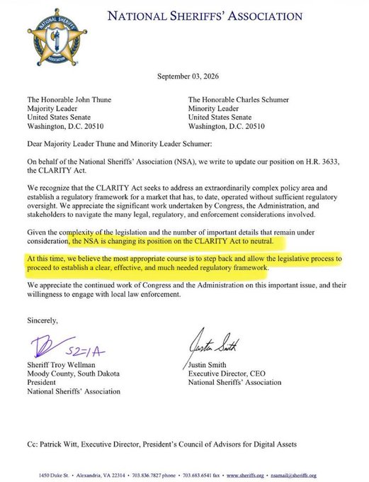 A September 3, 2026 letter from the National Sheriffs' Association, signed by President Sheriff Troy Wellman (Moody County, South Dakota) and Executive Director/CEO Justin Smith, addressed to Senate Majority Leader John Thune and Minority Leader Charles Schumer, announces the NSA is changing its position on H.R. 3633 (the CLARITY Act) to neutral, with the highlighted sentence stating that "the most appropriate course is to step back and allow the legislative process to proceed to establish a clear, effective, and much needed regulatory framework."