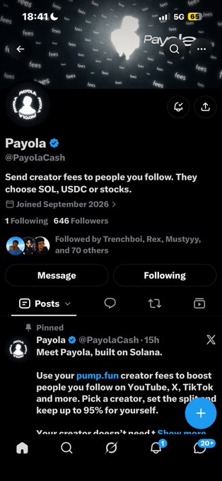 A screenshot of the Payola (@PayolaCash) Twitter/X profile, which describes itself as a tool to 'Send creator fees to people you follow. They choose SOL, USDC or stocks,' with 1 Following and 646 Followers.