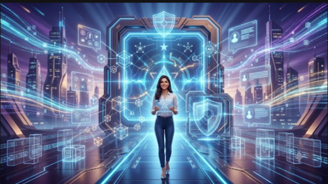 A vibrant, futuristic digital illustration of a woman holding a tablet while walking through a glowing, neon-lit technological tunnel surrounded by security shields and AI interfaces.