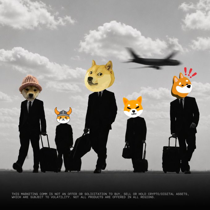 A group of five business-suited figures with various doge/Shiba Inu meme heads—some wearing hats, one sporting exclamation marks—walk with luggage as a plane flies overhead. A disclaimer reads: "THIS MARKETING COMM IS NOT AN OFFER OR SOLICITATION TO BUY, SELL OR HOLD CRYPTO/DIGITAL ASSETS, WHICH ARE SUBJECT TO VOLATILITY. NOT ALL PRODUCTS ARE OFFERED IN ALL REGIONS."

The image fits the post's theme of choosing a "ride-or-die" travel companion on World Dog Day, with each doge-masked traveler representing a different personality style of travel buddy.