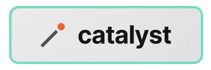 A logo for 'catalyst' featuring a stylized match with an orange dot as the flame, displayed in a rounded rectangular badge with a teal border.