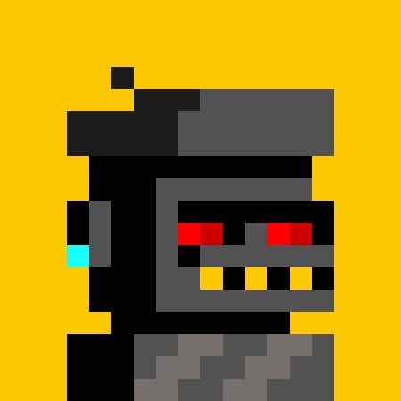 A pixel art illustration of a menacing black and grey robot or armored figure with glowing red eyes and yellow teeth on a solid yellow background.