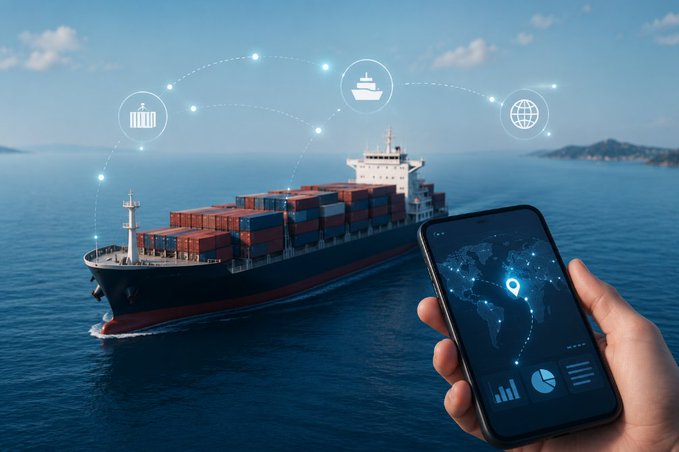 A hand holds a smartphone displaying a world map and analytics charts, connected by glowing dotted lines to icons of a ship, shipping containers, and a globe hovering above a large cargo vessel at sea, illustrating real-time global logistics tracking.

The image of a container ship and tracking app visually echoes the post's theme of measurable participation and points-based engagement, as both rely on transparent data and consistent activity to map progress across networks.