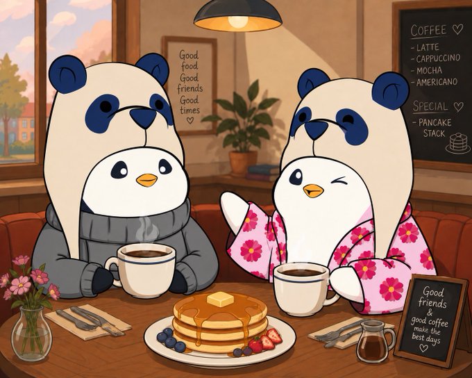 A cozy cartoon illustration of two pandas wearing panda hoodies sitting at a cafe table with coffee and pancakes, with signs reading 'Good food. Good friends. Good times.' and 'Good friends & good coffee make the best days,' plus a menu listing coffee drinks and a pancake stack special.