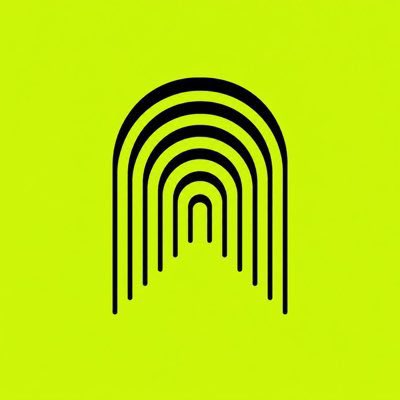 A minimalist logo featuring concentric black arches forming a stylized "A" or rainbow-like shape against a bright yellow-green background, visually representing "The Arena" platform. The arched design echoes the concept of an arena entrance while tying into the promotional post about The Arena's Robinhood Chain integration and $ARENA token launchpad.