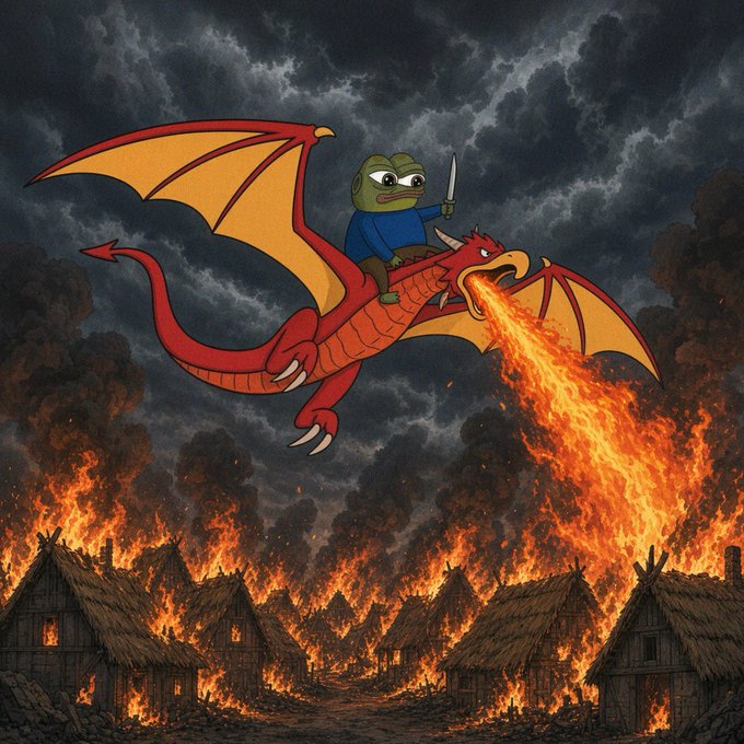 A cartoon frog in a blue shirt rides a red dragon breathing fire over burning thatched-roof huts beneath dark storm clouds.