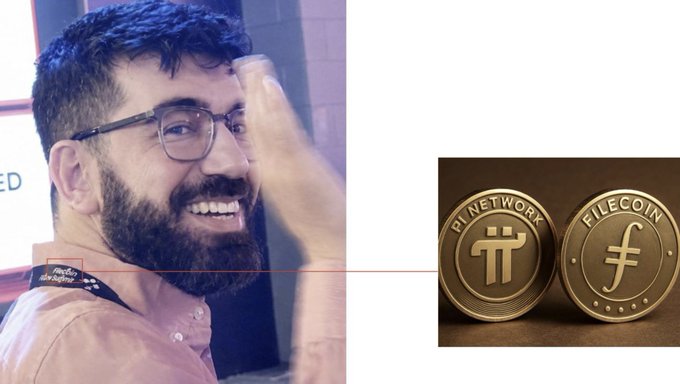 Image showing a smiling bearded man with glasses on the left and Pi Network and Filecoin cryptocurrency coins displayed on the right.