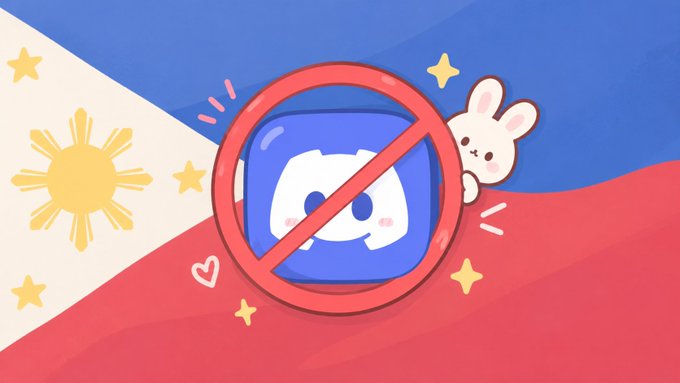 An illustration features the Discord logo covered by a red prohibition symbol, set against the Philippine flag with a small cartoon rabbit peeking from behind, visually representing the message that Discord is currently restricted on mobile in the Philippines while monitoring continues.
