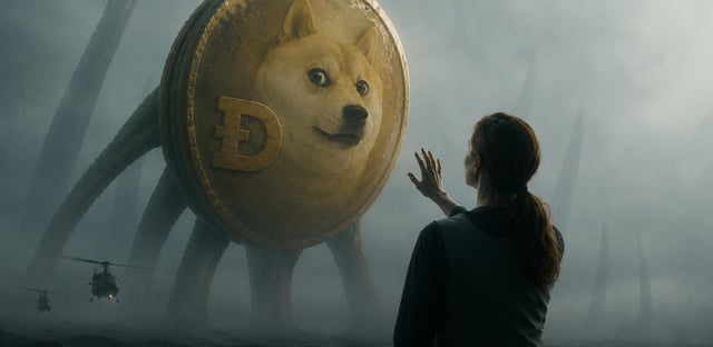 The image features a woman standing next to a large, gold coin with a DOGE coin design on it. She appears to be looking at the coin or possibly touching it. The caption below the image reads "Dogecoin. Awakening." This suggests that there is some connection between the coin and the post about Dogecoins.
