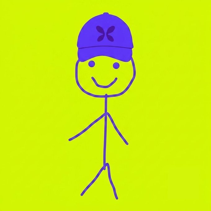 A simple purple stick-figure drawing of a smiling person wearing a baseball cap, set against a bright yellow-green background.