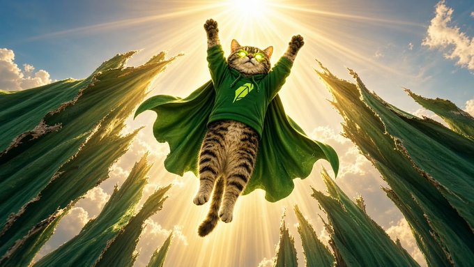Surreal image of a cat wearing a green superhero cape with a leaf logo, flying/floating against a backdrop of waves and golden sunlight.