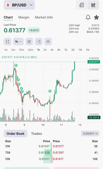 A crypto trading chart showing BP/USD with a last price of 0.61377 (+9.62%), 24H high of 0.615, 24H low of 0.55993, and 24H volume of $844.15K.