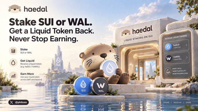 A Haedal advertisement reading 'Stake SUI or WAL. Get a Liquid Token Back. Never Stop Earning' featuring a cartoon otter with SUI and WAL token coins.