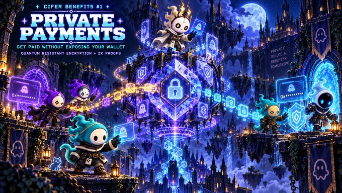 A vibrant fantasy promotional graphic for 'CIFER BENEFITS #1 - PRIVATE PAYMENTS' showing cartoon characters interacting with floating lock icons, advertising 'GET PAID WITHOUT EXPOSING YOUR WALLET' with quantum-resistant encryption and zero-knowledge proofs.