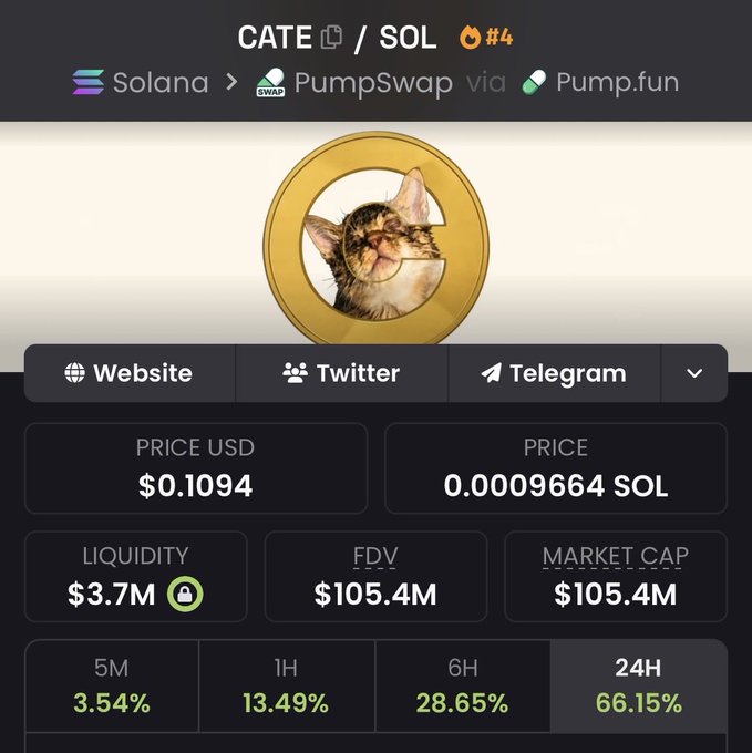 The image shows a meme token called CATE (CateCoin) on Solana, trading at $0.1094 via PumpSwap/Pump.fun with a market cap of $105.4M and strong 24-hour gains of 66.15%, supporting the post's call for a quick rise toward a $200M market cap.