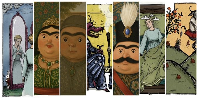 A horizontal strip of six distinct illustrated panels featuring various characters, including people in elaborate dress, a soldier, and a winged creature.