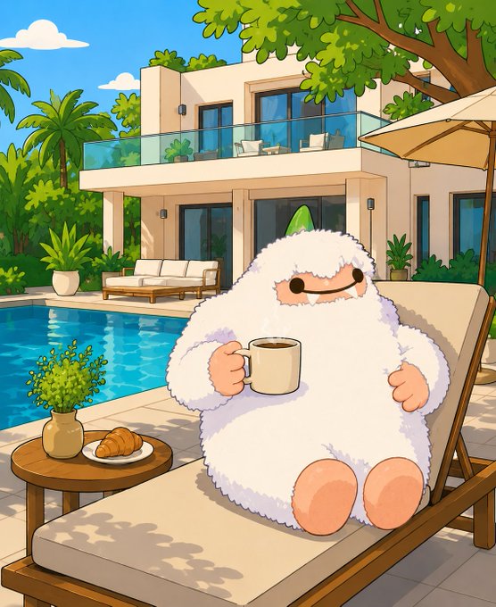 A fluffy white cartoon character sits on a lounge chair by a pool at a luxurious villa, holding a coffee mug with a croissant on a side table.