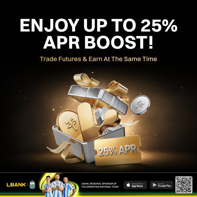 A promotional ad by LBank featuring a golden gift box with Bitcoin and Ethereum coins, displaying "ENJOY UP TO 25% APR BOOST!" and "Trade Futures & Earn At The Same Time," alongside a "25% APR" ticket. The bottom shows LBank as a regional sponsor of the Argentina National Team, with App Store and Google Play download links and a QR code.