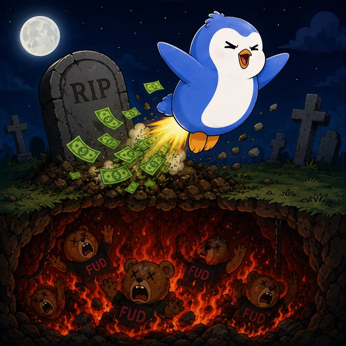 A cartoon illustration shows a penguin emerging from a grave labeled 'RIP' holding money, while FUD bears burn in flames below ground.