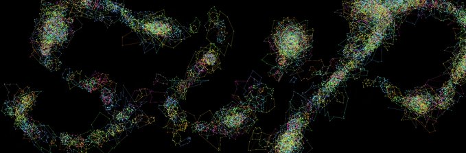 An abstract digital artwork featuring clusters of colorful, glowing lines and nodes floating against a solid black background.