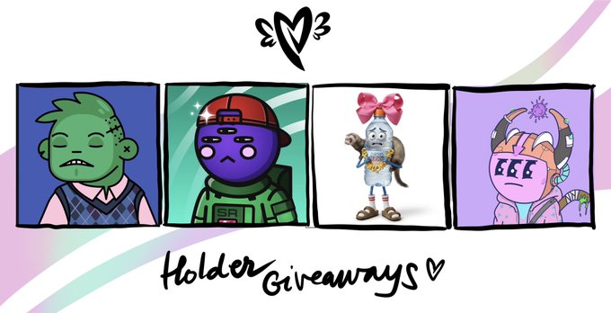An illustration promoting 'Holder Giveaways' featuring four cartoon-style character avatars (a green zombie-like figure, a purple character in tactical gear, a creature with a pink bow, and a character with a sun symbol).