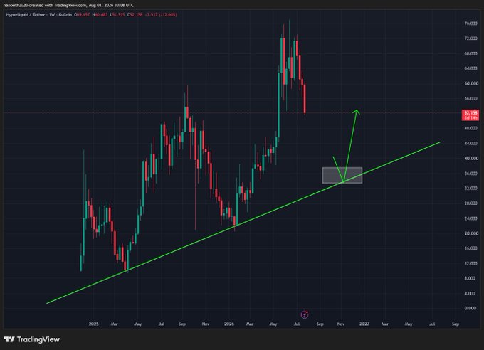 This is a weekly chart of Hyperliquid/Tether (HYPE) showing a price rally followed by a projected correction, with a target buy zone around $30-$35.