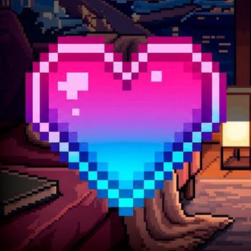 A pixel-art heart with a pink-to-blue gradient is overlaid on a cozy nighttime scene, symbolizing love for the featured NFT mints of the day. The imagery reflects the post's personal enthusiasm, as the creator highlights owning 2 out of 3 collections and asks others to share their favorites.