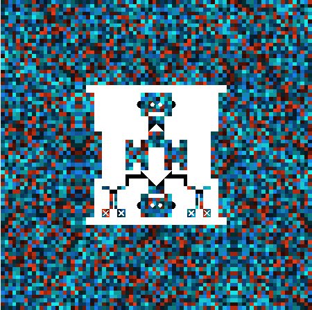A pixelated image showing a robot-like figure on a white background, framed by a colorful mosaic pattern of blue, red, and dark squares.