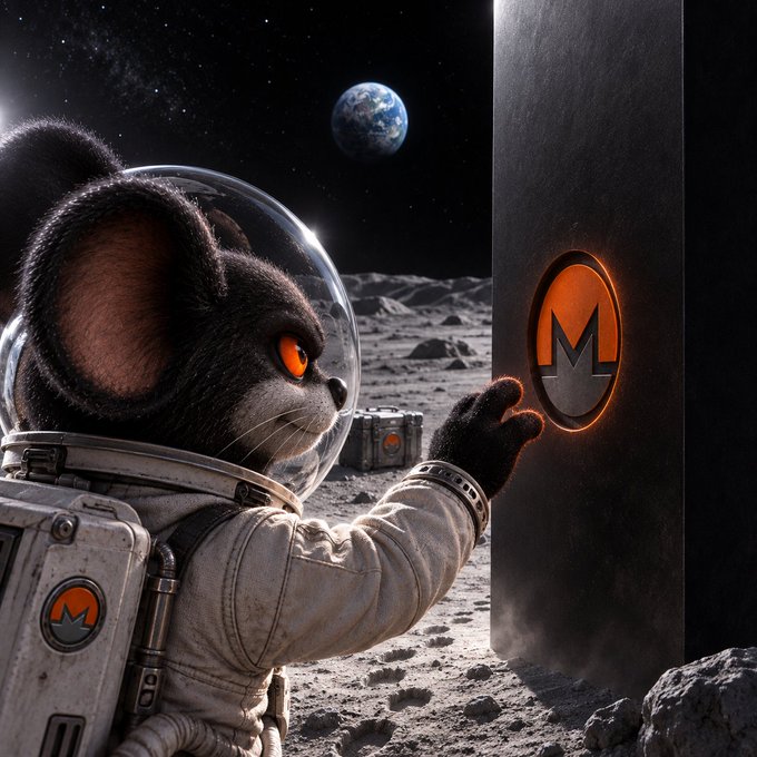 A digital rendering of a dark-furred, wide-eyed mouse character in a spacesuit reaching out toward a glowing orange Monero (XMR) logo on a lunar surface, with Earth visible in the starry sky above.
