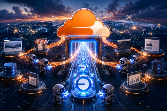 A futuristic digital illustration showing small robot figures and devices connected through a glowing central cloud gateway, representing cloud computing and AI network infrastructure.