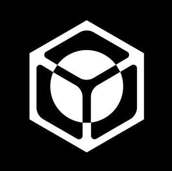 A white cube-shaped logo with a circular cutout on a black background.