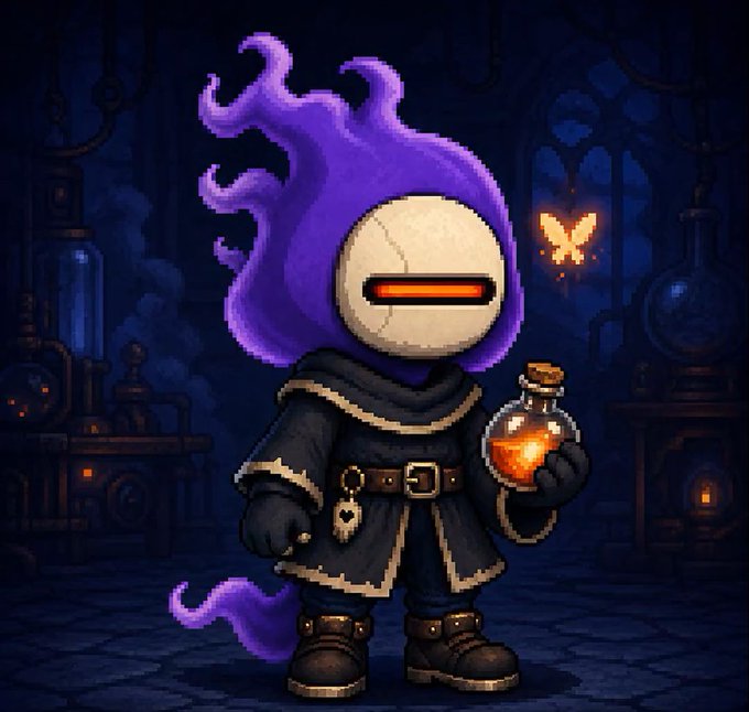 A pixel art character with flowing purple hair, a white mask with an orange visor, dark robes, holding a glowing orange potion bottle, with a small glowing butterfly nearby.