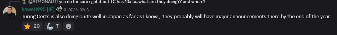 A Discord message from kowei1995 [IF] dated 31.07.26, 02:13, discussing that Turing Certs is doing well in Japan with potential major announcements by year's end, receiving 20 stars and 7 reactions.