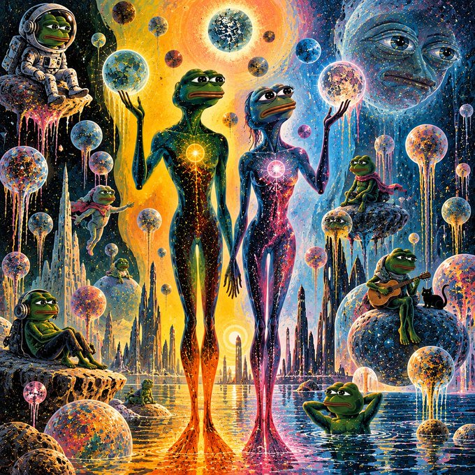 A vibrant psychedelic artwork featuring two glowing frog-like humanoid figures holding hands against a cosmic backdrop filled with planets, an astronaut frog, a frog playing guitar on a moon, and a large celestial face.