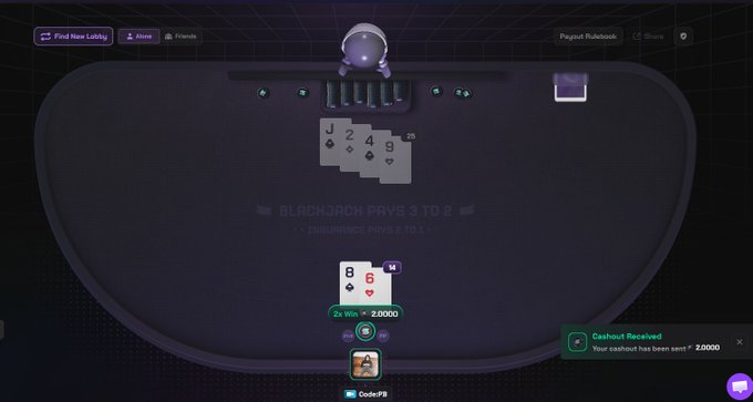 A screenshot of a digital blackjack game on Solpump shows the player winning with an 8 of diamonds and 6 of hearts against the dealer's J of clubs, 2 of spades, 4 of spades, and 9 of spades, resulting in a "Cashout Received" notification for 2.0000 tokens.