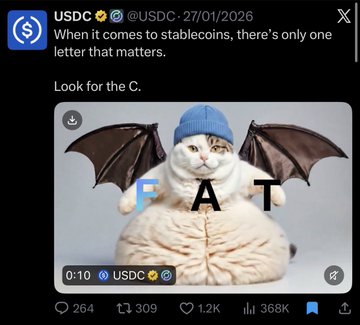 A screenshot of an X (Twitter) post from USDC dated 27/01/2026 reading 'When it comes to stablecoins, there's only one letter that matters. Look for the C.', featuring an image of a cat wearing a bat costume with the letters F, A, and T overlaid on its body.