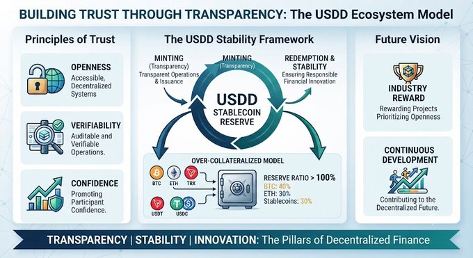 The image illustrates the USDD Ecosystem Model, highlighting its commitment to transparency through three core principles: Openness (accessible, decentralized systems), Verifiability (auditable and verifiable operations), and Confidence (promoting user trust). At its center is the USDD Stability Framework, showcasing a reserve-supported stablecoin model with a reserve ratio greater than 100%, allocating 40% to BTC, 30% to ETH, and 30% to stablecoins like USDT and USDC, reflecting USDD's emphasis on transparency, stability, and innovation in decentralized finance.