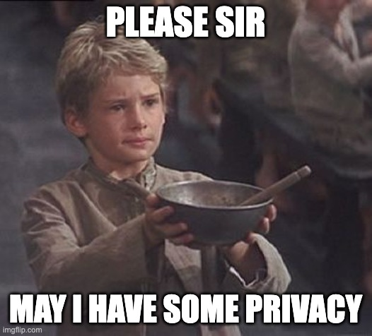 A 'Please sir, may I have some more' style meme featuring Oliver Twist holding a bowl, modified to read 'PLEASE SIR MAY I HAVE SOME PRIVACY'.