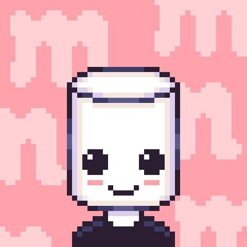 Pixel art image of a cute, kawaii-style character with a white face, black eyes, and blushing cheeks, set against a pink pixelated background.