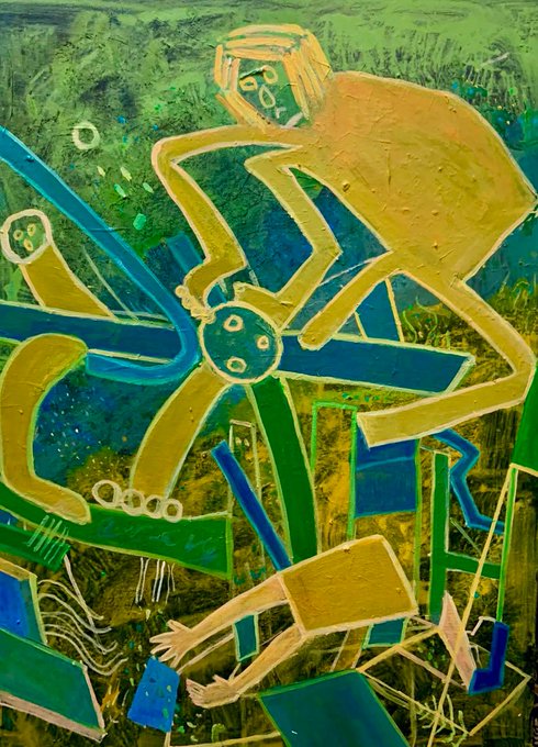 An abstract, textured painting featuring stylized yellow figures with simple facial features against a mottled green and blue background.