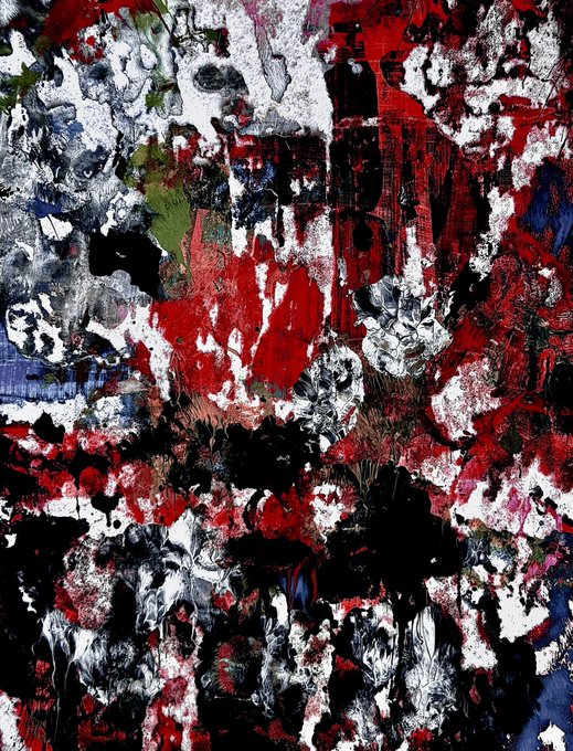 An abstract painting with thick, impasto texture features chaotic splatters and smears of deep red, black, white, and blue paint.