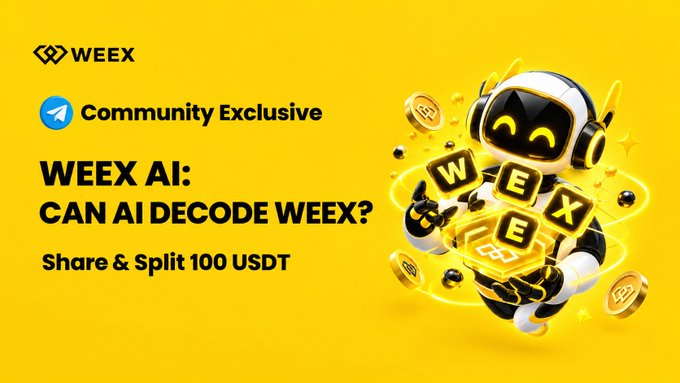 A yellow promotional banner for WEEEX showing a robot mascot surrounded by W, E, X, E letters and coins, announcing 'WEEEX AI: CAN AI DECODE WEE?' as a Community Exclusive campaign with 'Share & Split 100 USDT'.