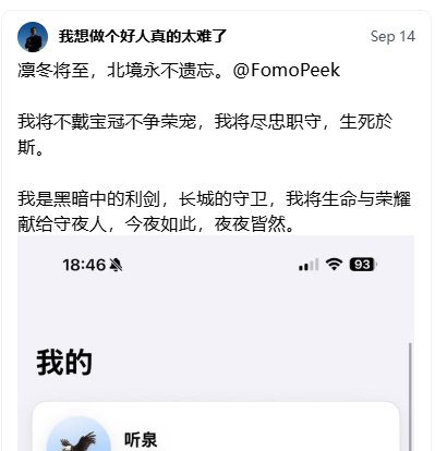 A screenshot of a Chinese social media post dated "Sep 14" titled "我想做个好人真的太难了" (It's really too hard to be a good person) featuring text about being a loyal guardian of the Wall, alongside a phone screenshot showing the time "18:46" and 93% battery. The post appears to be a meme or cultural reference that the accompanying question "What does this mean" is asking to be explained.