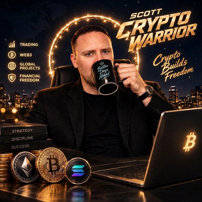 A promotional-style graphic shows a man in a dark jacket holding a “Better Days Ahead” mug at a desk with a laptop, stacks of coins, and crypto tokens including Bitcoin, Ethereum, and Solana. Large gold text reads “SCOTT CRYPTO WARRIOR” and “Crypto Builds Freedom,” with side labels “TRADING,” “WEB3,” “GLOBAL PROJECTS,” and “FINANCIAL FREEDOM,” plus books titled “STRATEGY,” “DISCIPLINE,” and “SUCCESS,” matching the upbeat community check-in message “GM legends How we doing?”.